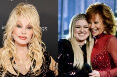 Dolly Parton in November 2023; Kelly Clarkson and Reba McEntire in April 2018.