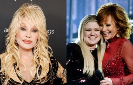 Dolly Parton in November 2023; Kelly Clarkson and Reba McEntire in April 2018.
