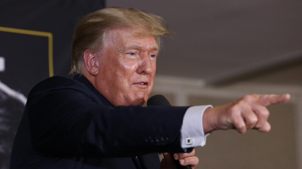 Donald Trump speaks after the fight between Evander Holyfield and Vitor Belfort during Evander Holyfield vs. Vitor Belfort presented by Triller at Seminole Hard Rock Hotel & Casino on September 11, 2021 in Hollywood, Florida.