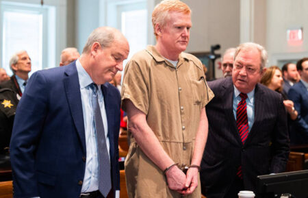 Alex Murdaugh speaks with his legal team before he is sentenced to two consecutive life sentences for the murder of his wife and son by Judge Clifton Newman at the Colleton County Courthouse on Friday, March 3, 2023. (Joshua Boucher/Pool/The State/Tribune News Service via Getty Images)