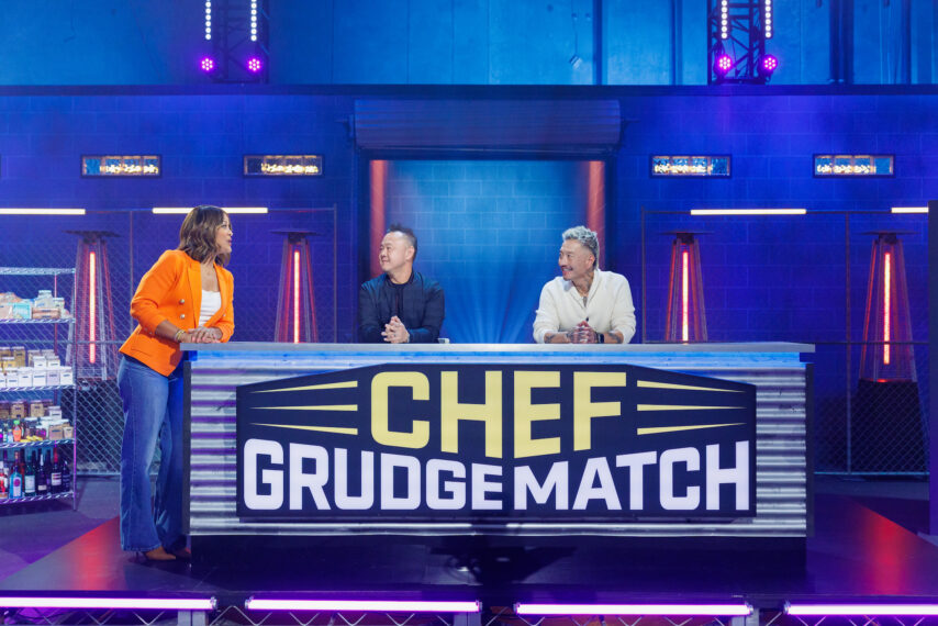 Host Laila Ali with resident judge Jet Tila and guest judge Chris Oh on Food Network's Chef Grudge Match