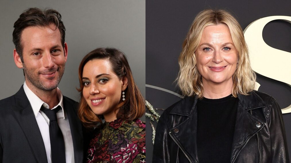 Jeff Baena and Aubrey Plaza in August 2014; Amy Poehler in April 2025.
