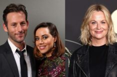 Jeff Baena and Aubrey Plaza in August 2014; Amy Poehler in April 2025.