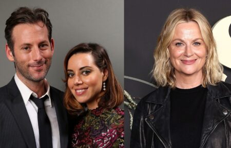 Jeff Baena and Aubrey Plaza in August 2014; Amy Poehler in April 2025.