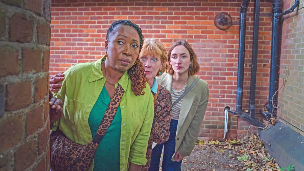 Jo Martin as Suzie Harris, Samantha Bond as Judith Potts, and Cara Horgan as Becks Starling in The Marlow Murder Club, Season 2
