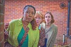 Jo Martin as Suzie Harris, Samantha Bond as Judith Potts, and Cara Horgan as Becks Starling in The Marlow Murder Club, Season 2
