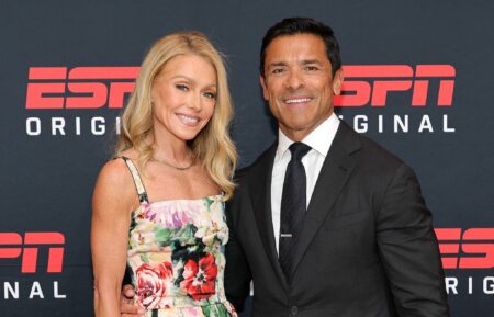 Kelly Ripa and Mark Consuelos attend ESPN's 'Running With The Wolves' series premiere on July 23, 2025 in New York City.