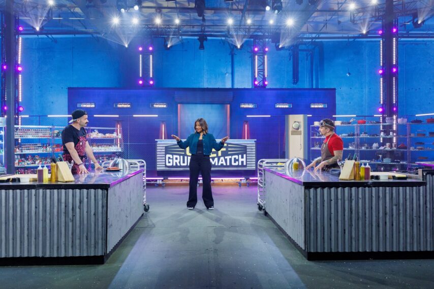 Host Laila Ali and contestants Joe Sasto and Richie Farina go over rules, as seen on Chef Grudge Match, Season 1.