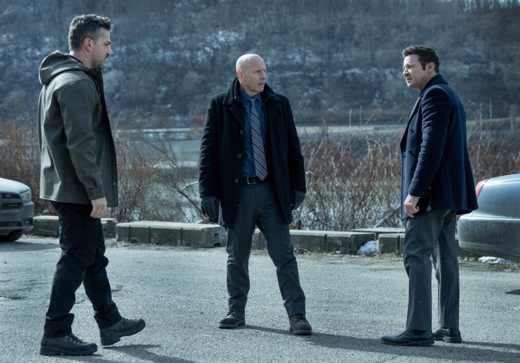 L-R: Hamish Allan-Headley as Robert, Hugh Dillon as Ian and Jeremy Renner as Mike McLusky in Mayor of Kingstown season 4, streaming on Paramount+ 2025. Credit: Dennis P. Mong Jr./Paramount+ ©2025 Viacom International Inc. All Rights Reserved. Mayor of Kingstown and all related titles, logos and characters are trademarks of Viacom International Inc.