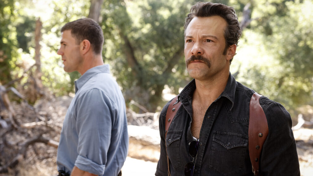“The Funky Bunch” – Gibbs and Franks investigate the disappearance of a young Marine connected to a mysterious compound with a charismatic leader, and Lala’s fate is revealed, on the second season premiere of NCIS: ORIGINS, Tuesday, Oct. 14 (9:00-10:00 PM, ET/PT) on the CBS Television Network, and streaming on Paramount+ (live and on demand for Paramount+ Premium plan subscribers, or on demand for Paramount+ Essential subscribers the day after the episode airs)*. Pictured (L-R): Austin Stowell as Leroy Jethro Gibbs and Kyle Schmid as Mike Franks. Photo: Sonja Flemming/CBS ©2025 CBS Broadcasting, Inc. All Rights Reserved.