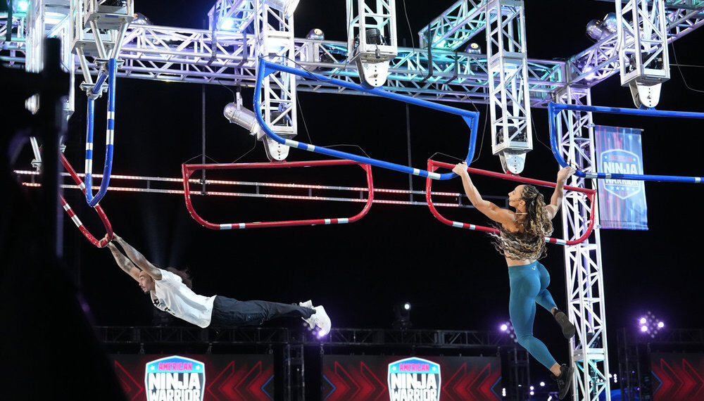 AMERICAN NINJA WARRIOR -- 'Finals 1' Episode 1710 -- Pictured: (l-r) R.J. Roman, Zhanique Lovett -- (Photo by: Greg Gayne/NBC)