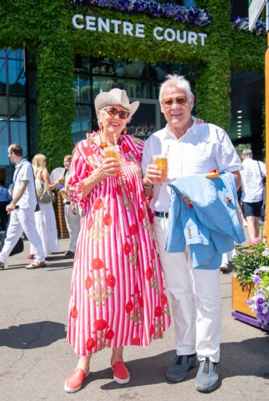 Prue Leith and John Playfair with Pimm's, an Official Partner of Wimbledon, at All England Lawn Tennis and Croquet Club on July 11, 2025 in London, England.