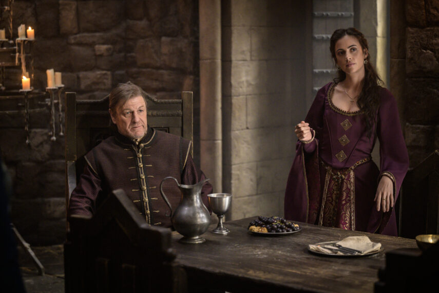 Sean Bean as Sheriff of Nottingham, Lydia Peckham as Priscilla