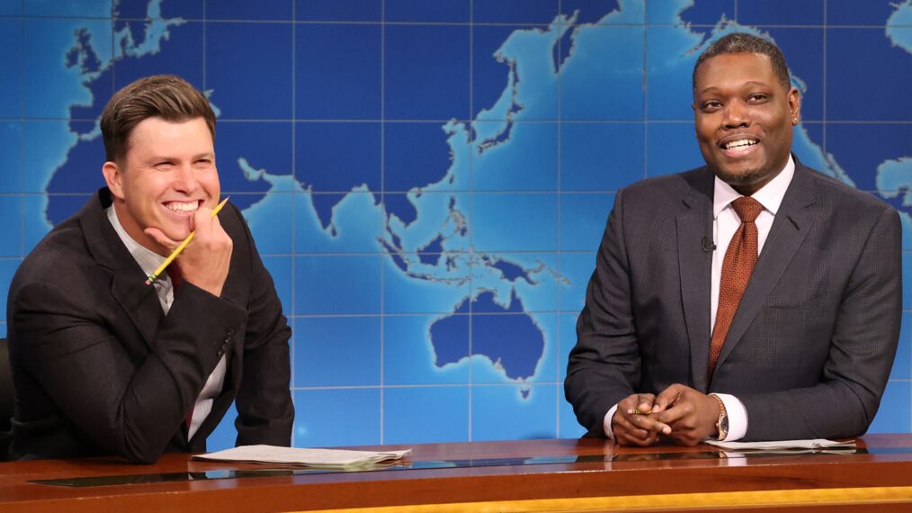 SATURDAY NIGHT LIVE -- Episode 1884 -- Pictured: (l-r) Anchor Colin Jost and anchor Michael Che during Weekend Update on Saturday, May 17, 2025