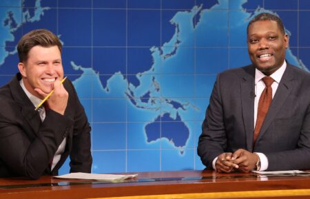 SATURDAY NIGHT LIVE -- Episode 1884 -- Pictured: (l-r) Anchor Colin Jost and anchor Michael Che during Weekend Update on Saturday, May 17, 2025