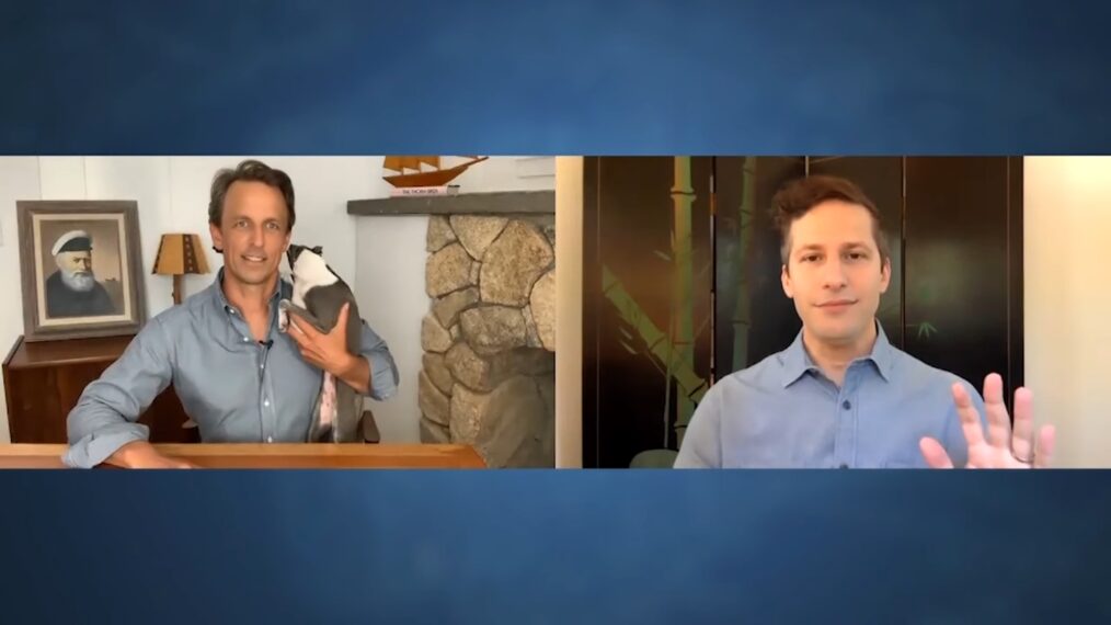 Seth Meyers, dog Frisbee, and Andy Samberg on 'Late Night With Seth Meyers,' NBC, July 2020.