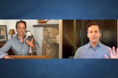 Seth Meyers, dog Frisbee, and Andy Samberg on 'Late Night With Seth Meyers,' NBC, July 2020.