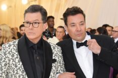 Stephen Colbert and Jimmy Fallon attend the Heavenly Bodies: Fashion & The Catholic Imagination Costume Institute Gala at The Metropolitan Museum of Art on May 7, 2018 in New York City