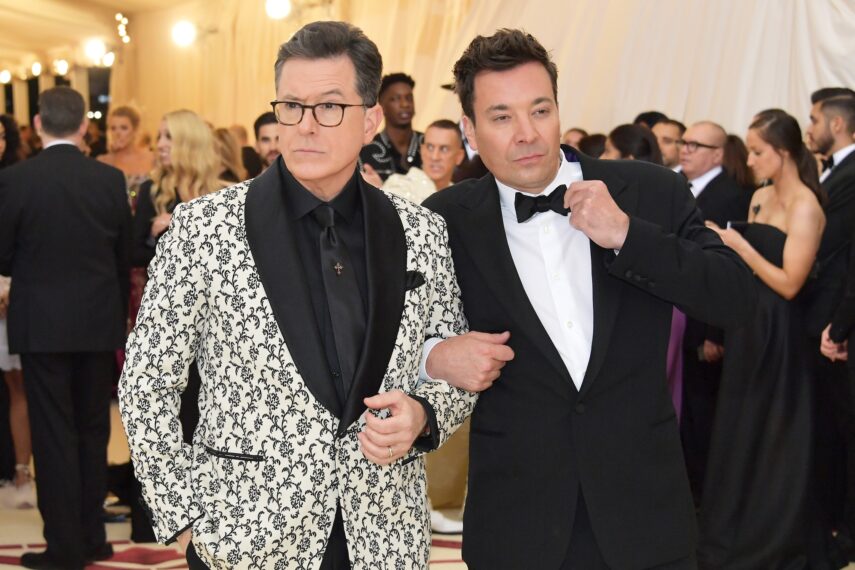 Stephen Colbert and Jimmy Fallon attend the Heavenly Bodies: Fashion & The Catholic Imagination Costume Institute Gala at The Metropolitan Museum of Art on May 7, 2018 in New York City