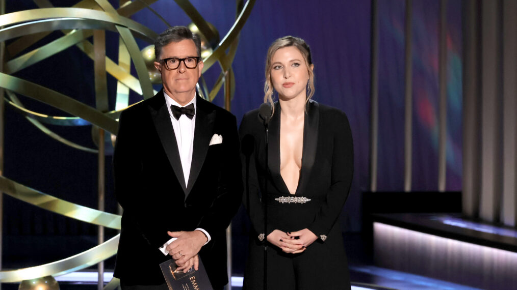 LOS ANGELES, CALIFORNIA - JANUARY 15: (L-R) Stephen Colbert and Taylor Tomlinson speak onstage during the 75th Primetime Emmy Awards at Peacock Theater on January 15, 2024 in Los Angeles, California. (Photo by Kevin Winter/Getty Images)