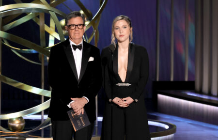 Stephen Colbert and Taylor Tomlinson speak onstage during the 75th Primetime Emmy Awards at Peacock Theater on January 15, 2024 in Los Angeles