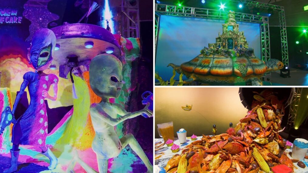 Alien Invasion Cake (Team Andrew), Architectural Wonders Cake (Team Timbo), and Best Meal Ever Cake (Team Duff)