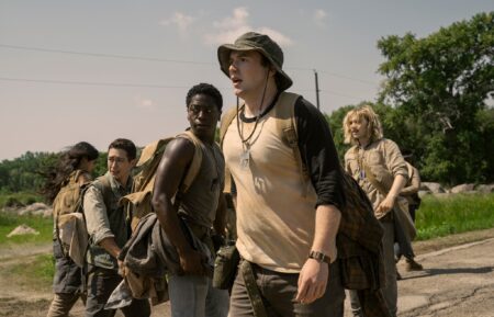 Joshua Odjick as Parker, Jordan Gonzalez as Harkness, David Jonsson as McVries, Cooper Hoffman as Garraty, and Charlie Plummer as Barkovitch in The Long Walk. Photo Credit: Murray Close/Lionsgate