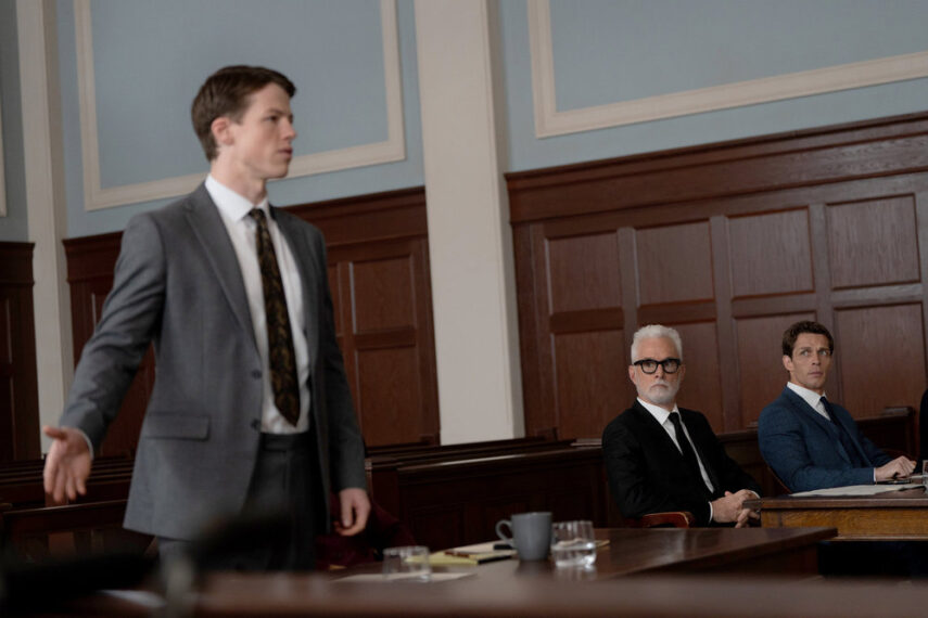 THE RAINMAKER -- Episode 102 -- Pictured: (l-r) Milo Callaghan as Rudy Baylor, John Slattery as Leo Drummond, Wade Briggs as Brad Noonan -- (Photo by: Christopher Barr/USA Network)