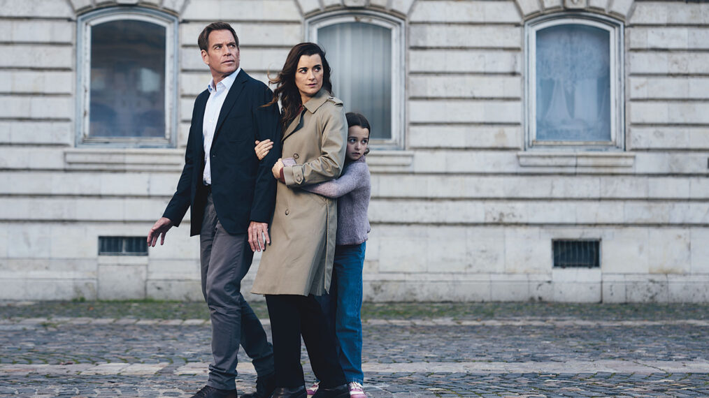 L-R Michael Weatherly as Tony Dinozzo, Cote de Pablo as Ziva David and Isla Gie as Tali In NCIS: Tony & Ziva, season 1, airing on Paramount+