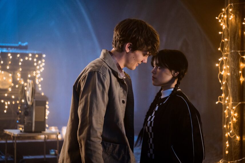 Hunter Doohan as Tyler Galpin, Jenna Ortega as Wednesday Addams in episode 107 of Wednesday.