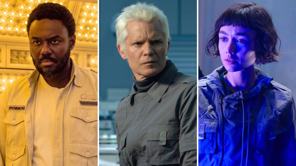 Babou Ceesay, Timothy Olyphant, and Sydney Chandler in 'Alien: Earth'