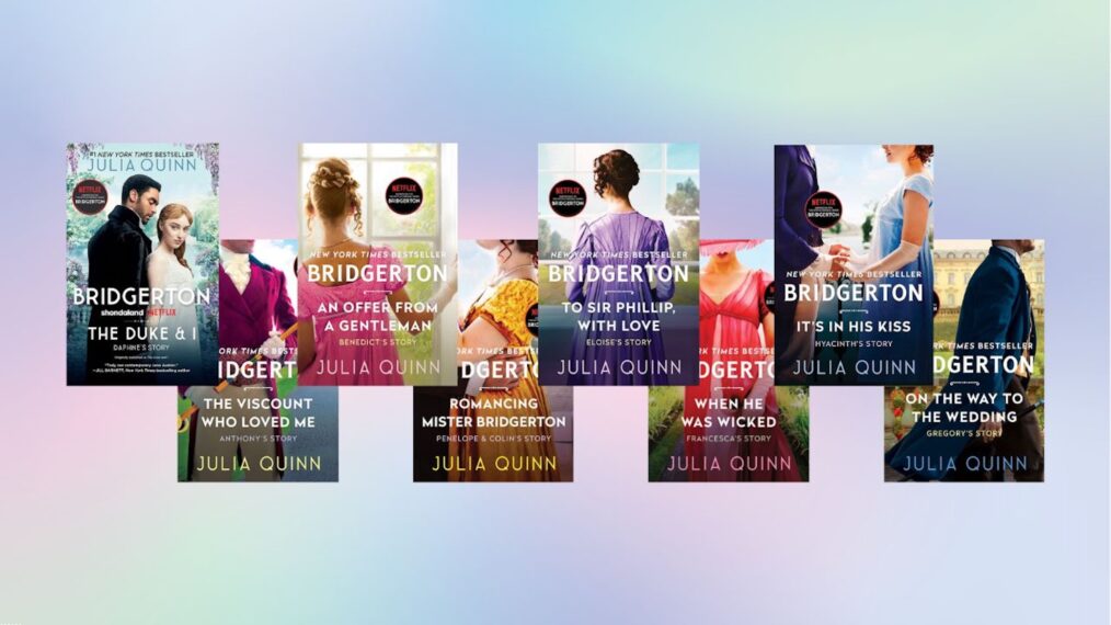 All of the Bridgerton book covers on a gradient rainbow background