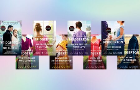 All of the Bridgerton book covers on a gradient rainbow background