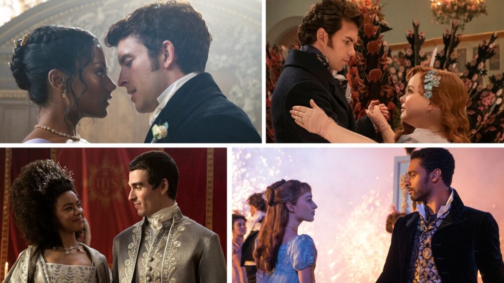 Bridgerton couples in Seasons 1, 2, and 3 and Queen Charlotte