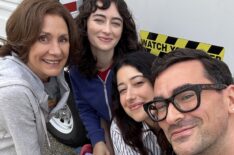 Laurie Metcalf, Abby Quinn, Taylor Ortega, and Dan Levy behind the scenes of 'Big Mistakes'