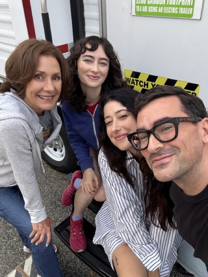 Laurie Metcalf, Abby Quinn, Taylor Ortega, and Dan Levy behind the scenes of 'Big Mistakes'