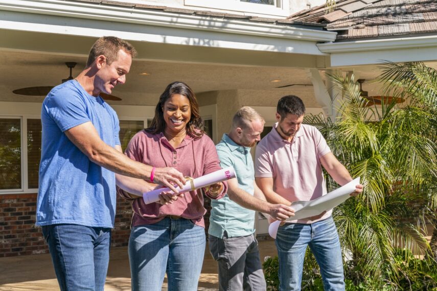 Brian Kleinschmidt, Mika Kleinschmidt, Keith Bynum, and Evan Thomas on Season 1 of HGTV's 'Barbie Dream House Challenge,' 2023.