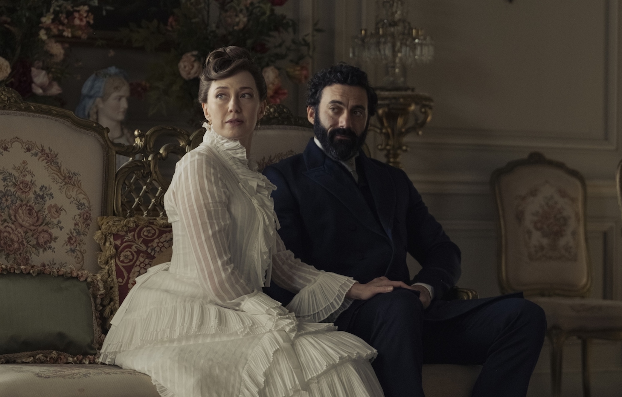Carrie Coon and Morgan Spector as Bertha and George in 'The Gilded Age' Season 3