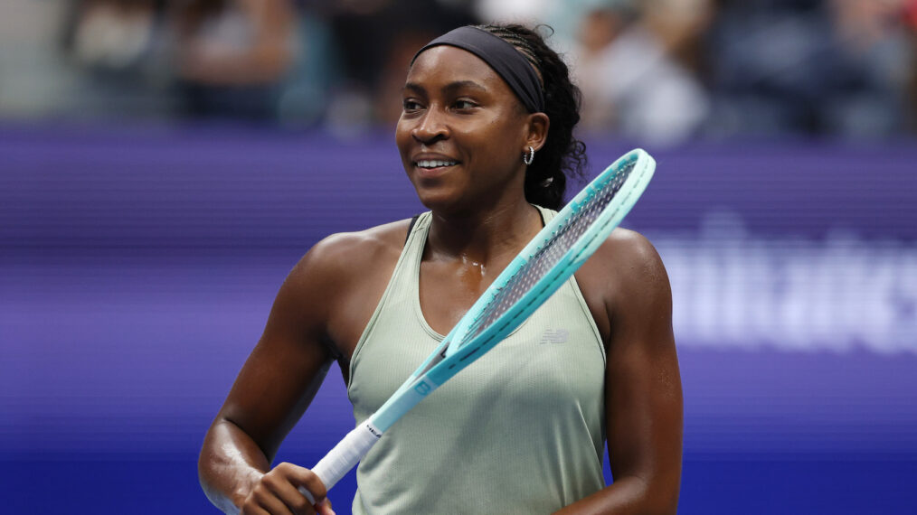 Coco Gauff looks on during a practice session prior to the start of the US Open at USTA Billie Jean King National Tennis Center on August 20, 2025 in New York City.