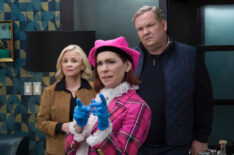 Amy Sedaris as Laurel Hammond-Muntz, Carrie Preston as Elsbeth Tascioni, and Andy Richter as Mickey Muntz in 'Elsbeth' Season 3 Episode 1