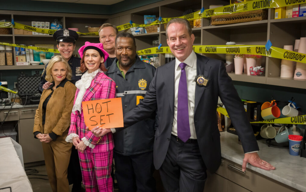 Amy Sedaris as Laurel Hammond-Muntz, Lindsay Mendez as Officer Grace Hackett, Carrie Preston as Elsbeth Tascioni, Andy Richter as Mickey Muntz, Wendell Pierce as Captain Wagner, and Danny Mastrogiorgio as Detective Smullen in 'Elsbeth' Season 3 Episode 1