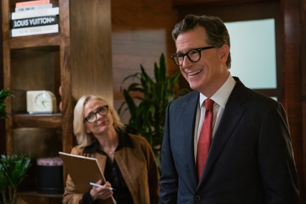 Stephen Colbert as Scotty Bristol and Amy Sedaris as Laurel Hammond-Muntz in 'Elsbeth' Season 3 Episode 1