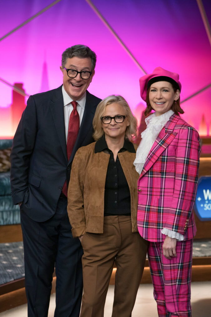 Stephen Colbert as Scotty Bristol, Amy Sedaris as Laurel Hammond-Muntz, and Carrie Preston as Elsbeth Tascioni in 'Elsbeth' Season 3 Episode 1