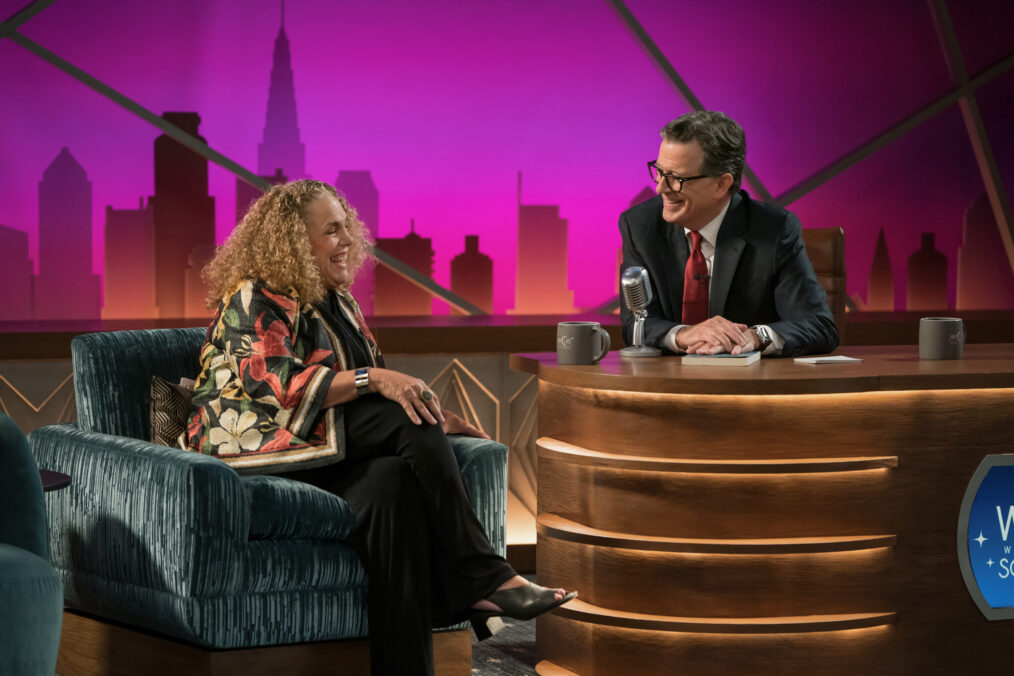 Marcia DeBonis as Sheryl Jacobs and Stephen Colbert as Scotty Bristol in 'Elsbeth' Season 3 Episode 1