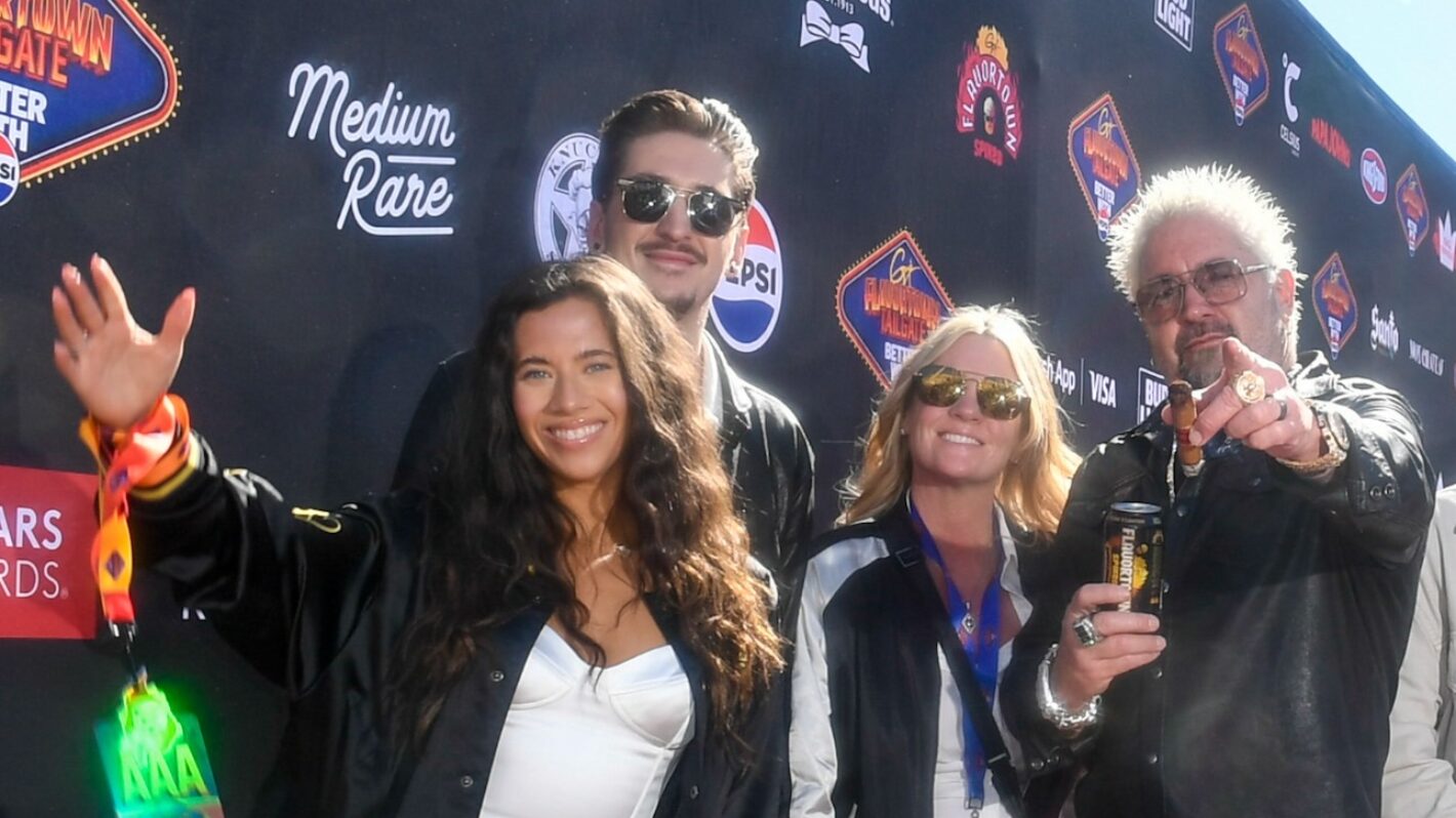 Tara Bernstein, Hunter Fieri, Lori Fieri, Guy Fieri, Ryder Fieri and guest arrive at Guy Fieri's Flavortown Tailgate on February 11, 2024 in Las Vegas, Nevada.