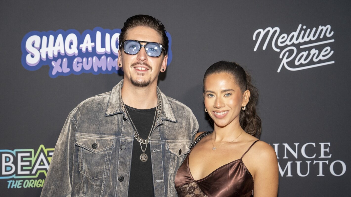 Hunter Fieri and Tara Bernstein arrive at Shaq's Fun House at Mardi Gras World on February 7, 2025 in New Orleans, Louisiana.