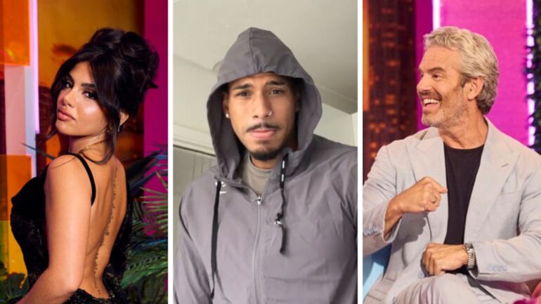 Huda Mustafa at Love Island USA's Season 7 reunion, screenshot of Louis Russells' TikTok video, and Andy Cohen at Love Island USA's Season 7 reunion,