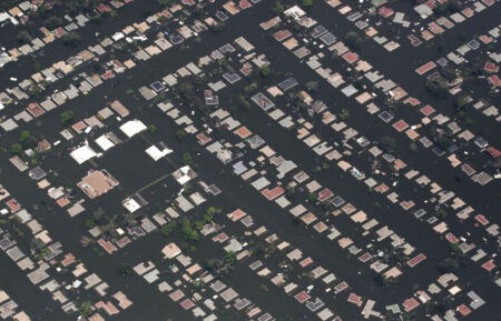 A flooded neighborhood east of downtown New Orleans, Louisiana, on August 30, 2005
