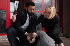 Zach Wyatt as Phil Parhatka and Lauren Lyle as Karen Pirie in 'Karen Pirie' Season 2 on BritBox