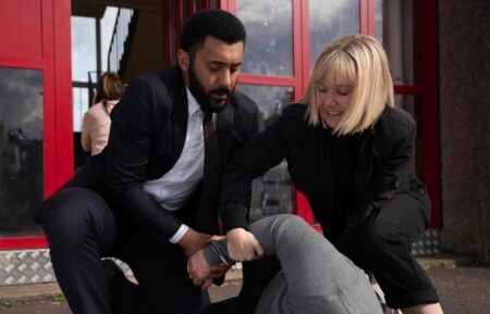 Zach Wyatt as Phil Parhatka and Lauren Lyle as Karen Pirie in 'Karen Pirie' Season 2 on BritBox